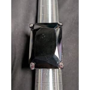 Vintage Black Emerald Cut Statement Ring Silver Tone Chunky Size 6 Brutalist
